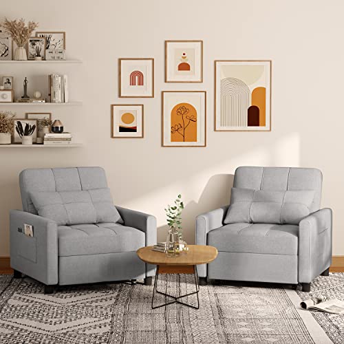 Aiho Convertible Sleeper Chair, 3-in-1 Sofa Bed with Adjustable Design, Pillow & Pocket - Pull Out Sleeper for Apartment, Light Gray