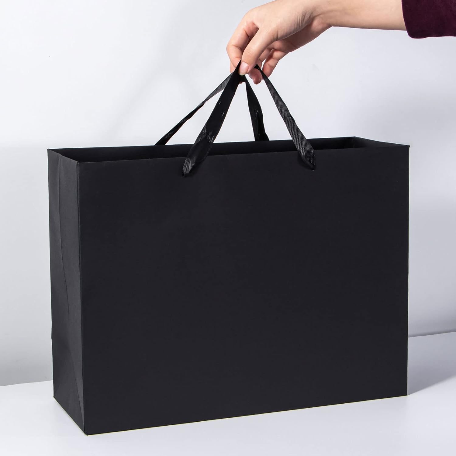 Large Black Gift Bags 50pcs, 16''×6''×12'' Gift Bag Large Size with Ribbon Handles Reusable Heavy Duty Kraft Black Paper Bags Bulk for Shopping, Wedding, Party, Gift, Retail