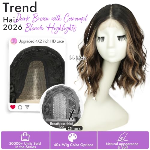 Image of Eawwii Wigs for Women Dark Brown Blonde,Short Wavy Synthetic Lace Wig