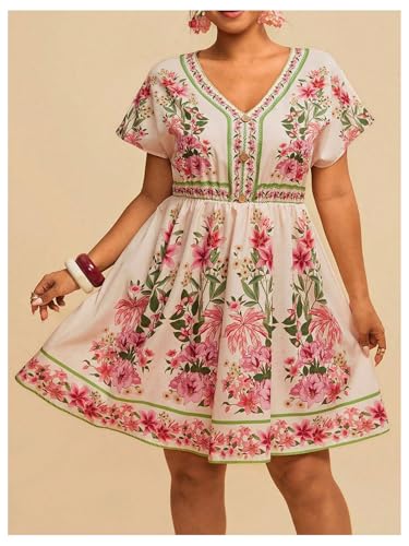 Image of Floerns Women's Plus Size Summer Vacation Wrap V Neck Short Sleeve Ruffle Hem A Line Hawaiian Short Dress