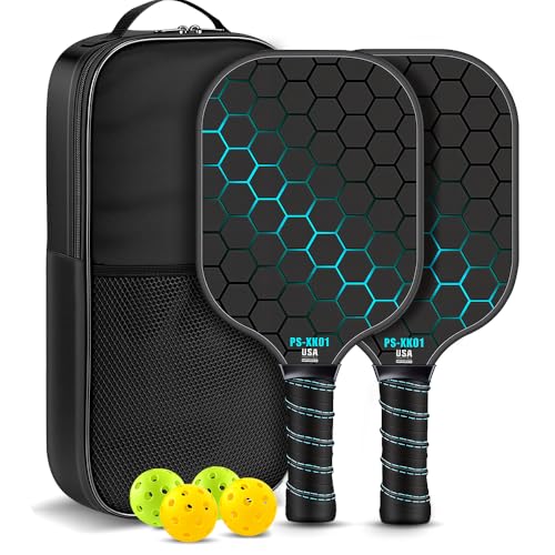 Raquete Pickleball com 2 Unidades, Superfície de Fibra de Vidro, 4 Bolas e 1 Bolsa de Transporte