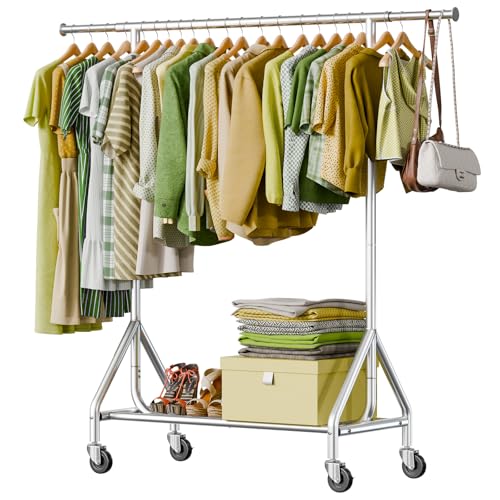 Holiwei Clothes Rack Load 450 LBS, Heavy Duty Garment Rack, Standing Rolling Metal Hanging Clothes with Sturdy Wheels & Shelves, Silver