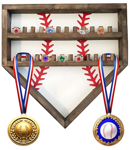 Baseball Championship Ring Holder Display Case Softball Ring Holder Wooden 24 Ring Posts Sports Trophy Medal Wall Mount Display Box Stand for Men Boy