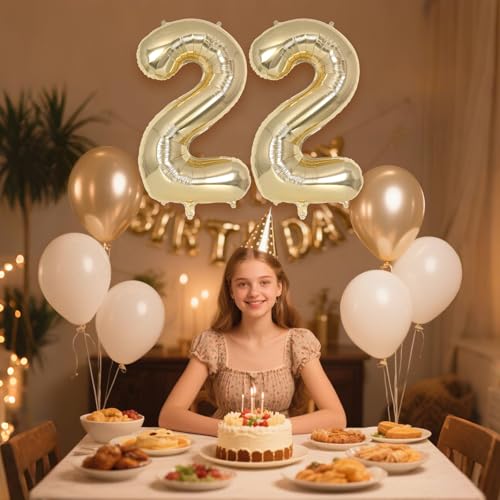 Image of Champagne Gold Large Number 22 Balloon, 40 Inch Light Gold Foil Helium Number Balloons, Giant Mylar Number 22 Balloons for 22 Years Old Birthday Party Anniversary Decorations (Champagne Gold 22)