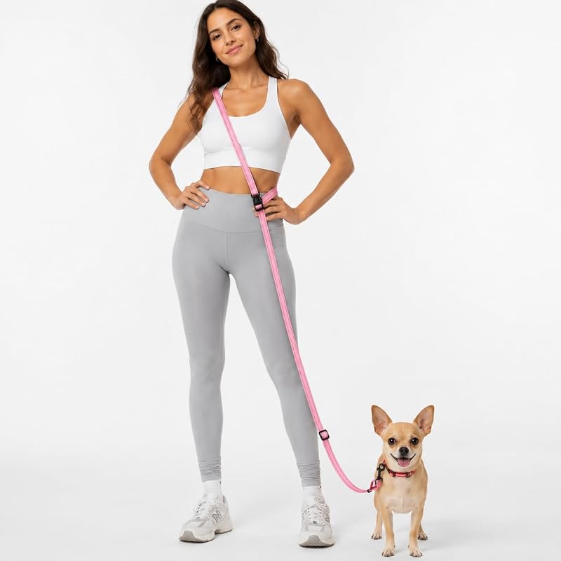 Guia para Cães sem Mãos Ajustável com Faixas Refletivas kazazoo Rosa, de 1,52 a 2,44 m