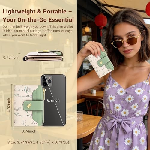 Image of YINHEXI Women's Wallet, Compact and Small Bifold PU Leather Card Holder, Mini Purse with Coin Pocket for Ladies, Girls (Floral Green)