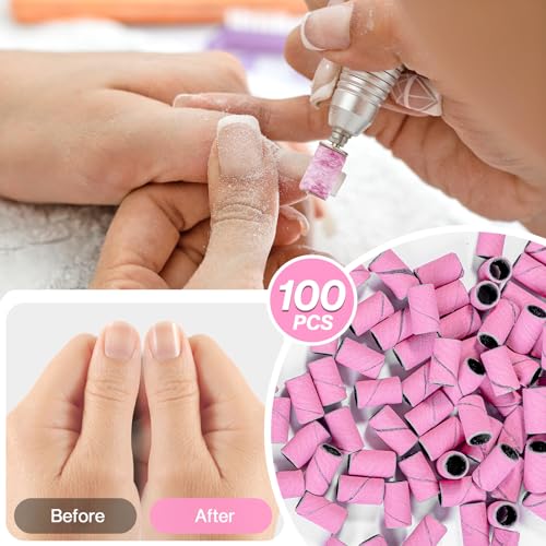 Image of MelodySusie 100 Pcs Nail Drill Bits Sanding Bands for Nail Drill 120 Medium Grit Nail File Sanding Bands for Acrylic Nails Gel Manicures and Pedicure,Light Pink