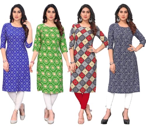 Image of JAKHANA Women's Crepe Printed Casual Straight Calf Length Round Nick Kurta Pack of 4