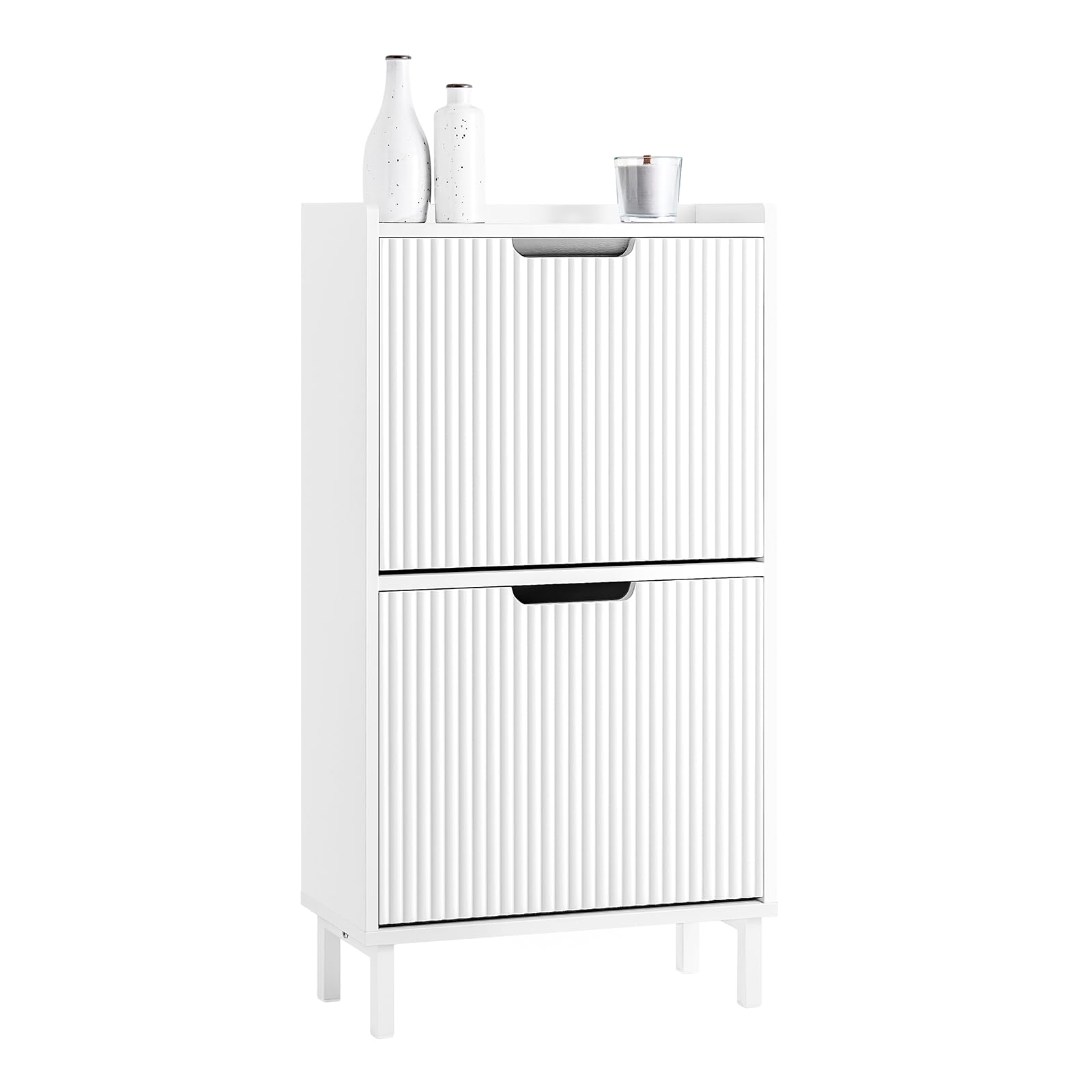 SoBuy Narrow Shoe Rack with 2 Flip Drawers Slim Wooden Shoe Storage Cupboard for Hallway Entrance Foyer or Understairs White W50 x D19 x H90cm FSR177-W