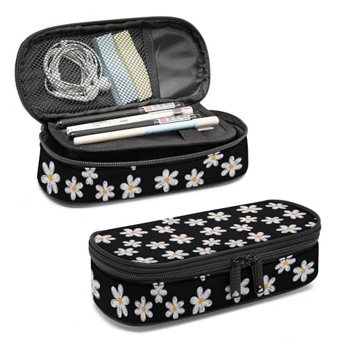 Image of Daisy Pencil Case, Large Capacity Pen Pencil Case for Boys Girls Teen, Kids 3 Compartments Multifunction Pencil Box with Zipper Organizer, Pencil Pouch for Back to School Students