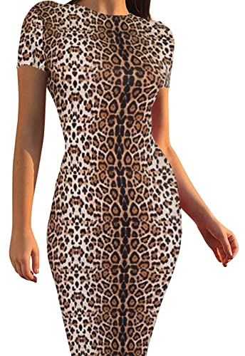 Image of Women's Long Bodycon Dresses Leopard Print Casual Maxi Club Party Tight Dress Short Sleeve