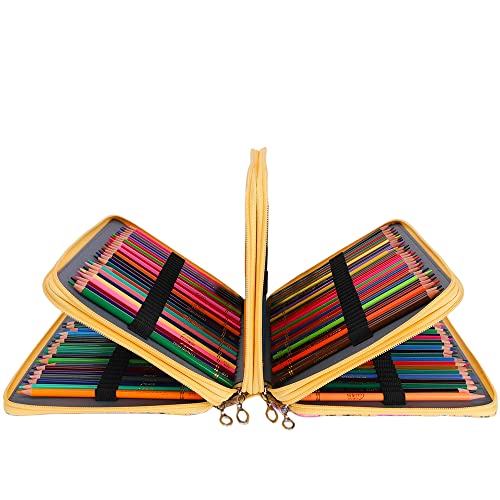 Image of Vomgomfom Colored Pencil Holder - 200 Slots Large Capacity Case with Zipper Closure Twill Fabric, Yellow Flower Pattern for Watercolor Pens, Markers, Artists