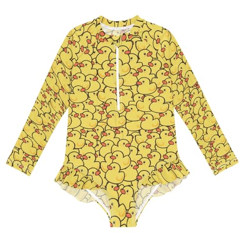 Duck Pattern Girls Long Sleeve Swimsuit Rash Guard One Piece Bathing Suits Zipper 3-12T