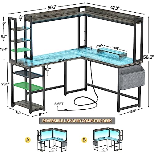 Aheaplus L-Shaped Gaming Desk with Power Outlet and LED Lights – Black Oak