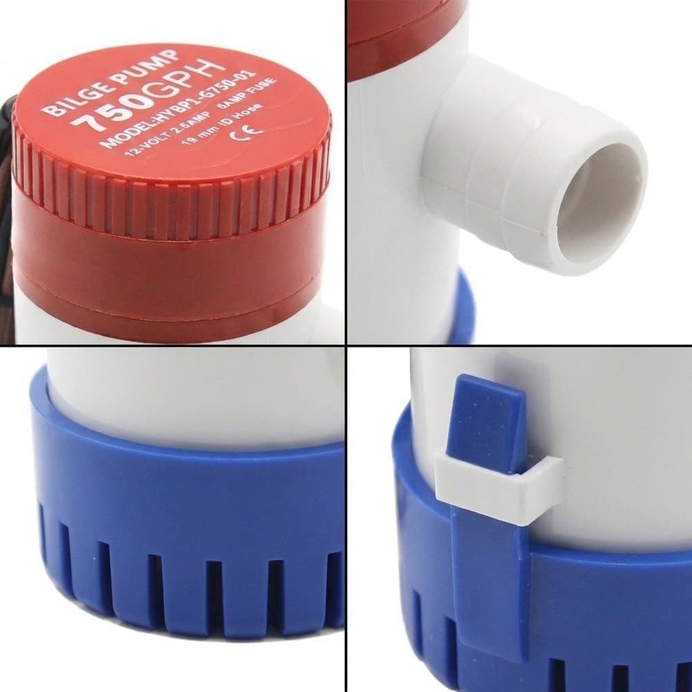 Pompa automatica per sentina 750GPH 12V connettore tubo (750GPH) | Sensore automatico, per flusso di 750 GPH, motore 12 V DC, ideale per barche, drenaggio rapido