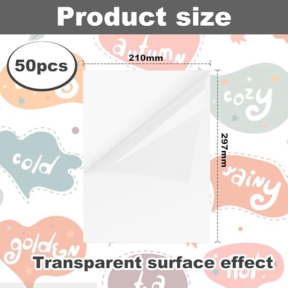ADERTOS 50 Sheets A4 Sticker Paper Labels Printable Vinyl Stickers Paper Clear Sticker Printer Paper Self-Adhesive Vinyl Inkjet Film Decal for Inkjet & Laser Printers - Clear, 297 x 210 mm