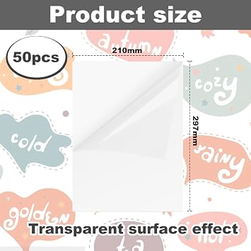 ADERTOS 50 Sheets A4 Sticker Paper Labels Printable Vinyl Stickers Paper Clear Sticker Printer Paper Self-Adhesive Vinyl Inkjet Film Decal for Inkjet & Laser Printers - Clear, 297 x 210 mm