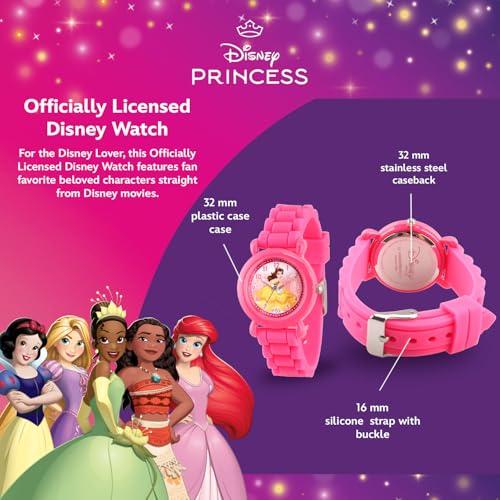 Disney Princess Belle Watch for Girls Age 4–7 Featuring Elegant Curtsy Dial – Ideal Gift for Fans of Royal Stories, Feminine Style, and Colorful Magic – Pink Bezel, All-Pink Silicone Strap3