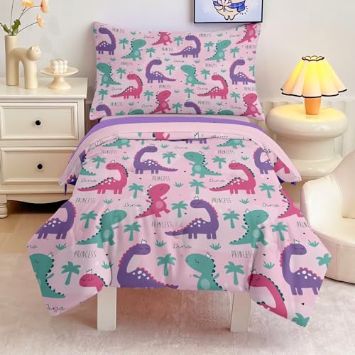 Image of 4 Piece Toddler Dinosaur Bedding Set for Girls,Pink Dino Toddler Comforter Sets Soft Bed Set Include Comforter,Fitted Sheet, Flat Top Sheet and Pillowcase,Bed in A Bag for Bedroom