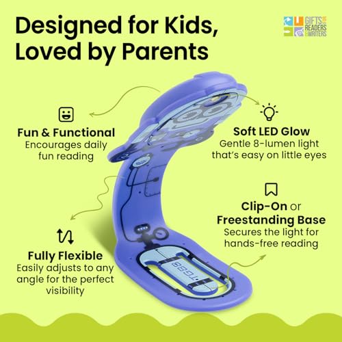 Image of Gifts for Readers & Writers Book Light for Kids, Clip On Reading Light for Bed, 2in1 Flexilight Pals & Bookmark, Small & Lightweight with a Soft Glow, 2 Batteries Included, Robot Purple