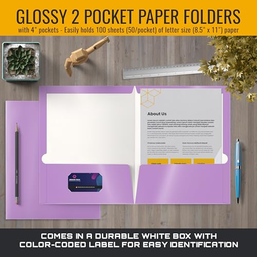 Image of Better Office Products 2 Pocket Glossy Laminated Lavender Paper Folders, Box of 25, Letter Size, Lavender Light Purple Paper Portfolios, 25 Pack