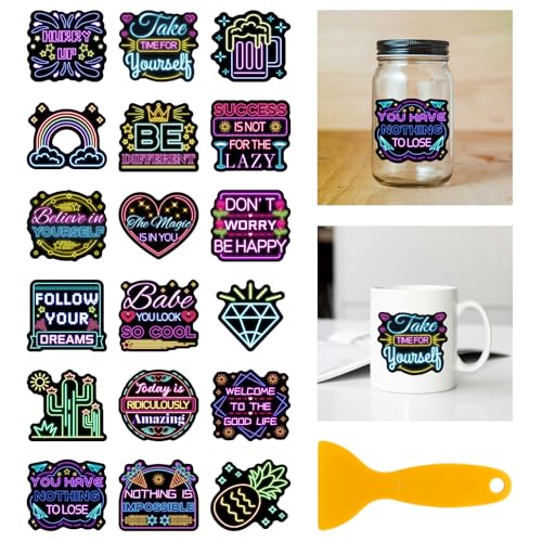 GLOBLELAND 18 Feuilles Autocollants Transfert Éléments Néon 10x9 cm Étoiles Arc-en-Ciel Diamant Cœur pour Meubles Vase Tasse Verre