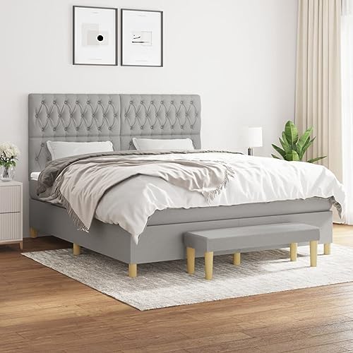 Teenpull Cama con somier con colchón, gris claro, 180 x 200 cm, funda de tela, cabecero ajustable, núcleo de muelles ensacados, soporte de resistencia media, juego de muebles