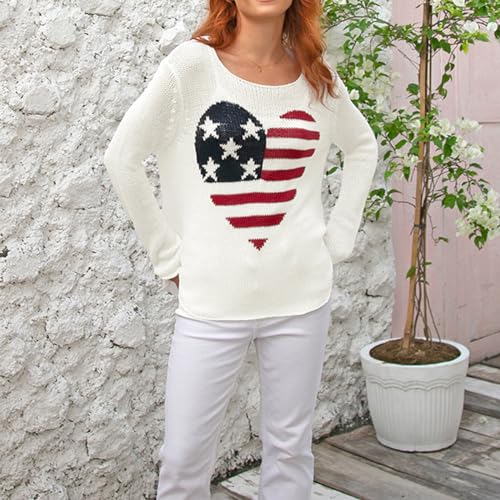 Image of Women American Flag Sweater Loose Vintage USA Sweatshirt Long Sleeve Crewneck Hollow Out 4th of July Jumper