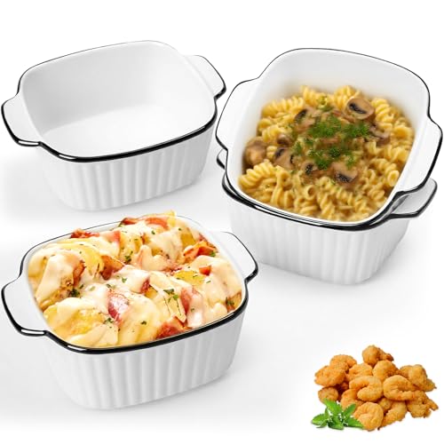 4 Piezas Bandejas Horno Cerámica Quadrato con Asas, 400ml Bandeja Mini Apilable Seguridad Apta Freidora Sin Aceite, Horno y Microondas, Fuente Lasaña para Pasteles Hornear, Carne Cocinar y Asar