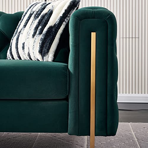 Image of KEIKI 84 inch Chesterfield Velvet Tufted Button Sofa with Removable Cushions and 2 Toss Pillows, Modern 3-Seater Couch with 4 Gold Metal Legs, Easy Assembly, for Living Room, Bedroom, Apartment, Green