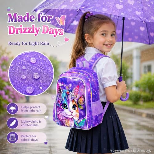 Image of 3Pcs Cat Backpack for Girls, 16 inch School Bookbag Set with Lunch Box，Kids Backpacks for Elementary Preschool Kindergarten (Purple)