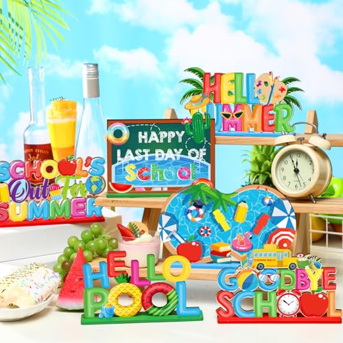 Image of CroBlissful 6 Pcs Schools Out for Summer Decorations Happy Last Day of School Table Sign School's Out of Summer Vacation Pool Wooden Tabletop Centerpieces for Holiday Party Supplies Home Decor