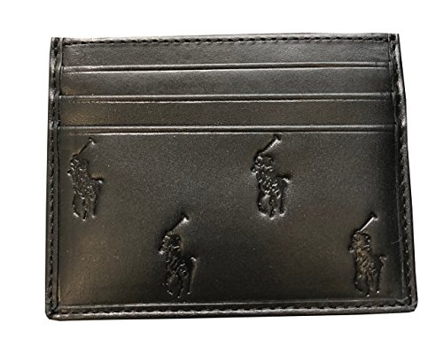 Ralph Lauren Polo Carteira masculina de couro para cartão – Suporte de bolso frontal minimalista – Design polo pônei em relevo – 4 compartimentos para cartão + bolso central – Preta – Presente premium