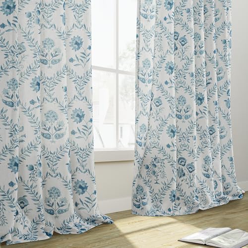 Image of Extra Long Blue Floral Curtains 120 Inches Long for Living Room 2 Panels