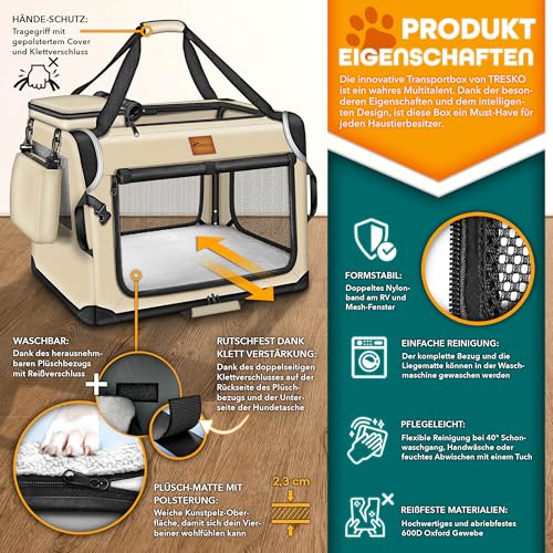 TRESKO® Hundebox faltbar inkl. Leckmatte, Spatel & Reflektoren M 61x42x42cm | Transportbox für Hunde und Katzen | Hundetransportbox Auto für kleine & große Hunde | Hundetasche robust Beige