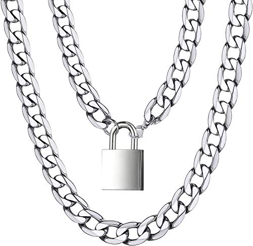 Padlock Necklace Stainless Steel Lover Heart Lock Collar Choker for Men Women Silver 16-20 inch