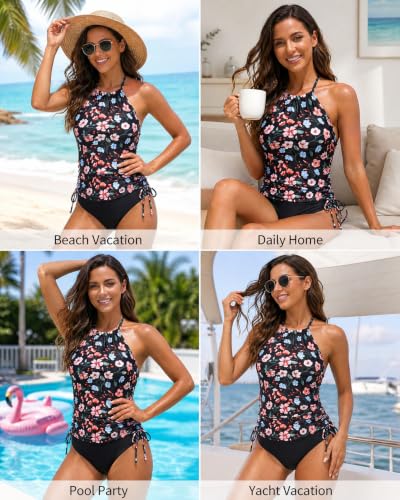 Image of Womens Two-Piece Tankini Set Cow Skull with Leopard Print Sets Swimwear Tankini Top Sets Swimwear