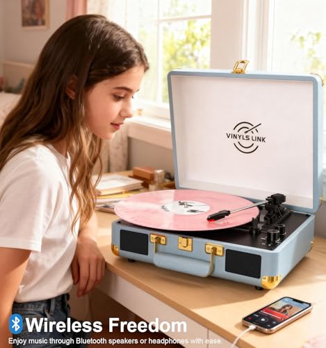 Image of VINYLSLINK Bluetooth Vinyl Record Player, 3-Speed Portable Turntable with Treble & Bass Control, Built-in Stereo Speakers, Belt-Driven LP Player with RCA & Headphone Jack, Vintage Blue Design