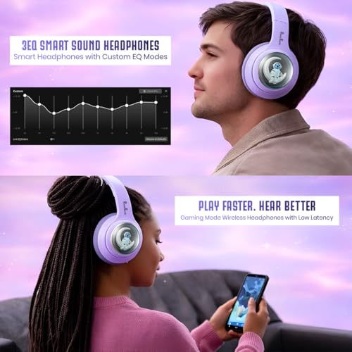 Image of PunnkFunnk Astro Junior Wireless Bluetooth Headphones with BT 5.3, Noise Cancelling, Hi-Res Audio, 40mm Drivers, Deep Bass, Memory Foam Ear Cushions, Over-Ear Headset for Kids, Teens & Adults (Purple)