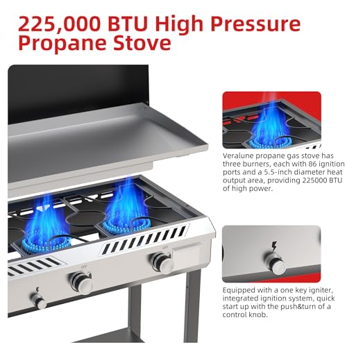 Image of 2-in-1 Propane Stove & Griddle Combo, 225,000 BTUs, Steel Cooking Surface | Outdoor Cooking Stove with Auto Ignition Button, Flat Top Grill, Outdoor Gas Griddle with Rolling Wheels