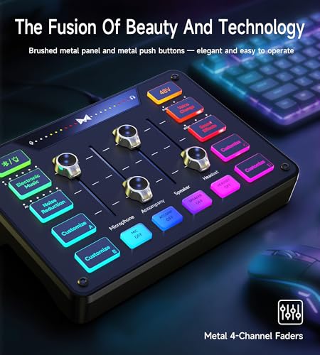 Image of Gaming Audio Mixer, Audio Interface with XLR Microphone Input, Noise Reduction, RGB, Bluetooth, 48V Phantom Power, Voice Changer, Sound Board for Podcast /Recording /Streaming /Vocal /Game (Black)