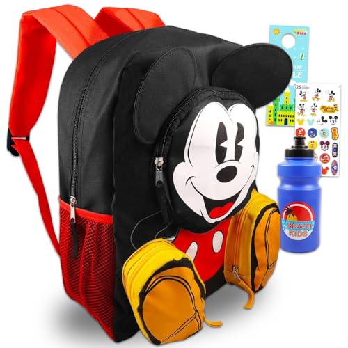 Disney Mickey Mouse Backpack for Boys Set - Bundle with 16 School Backpack with Water Bottle, Stickers, More | Mickey School Bag for Kids