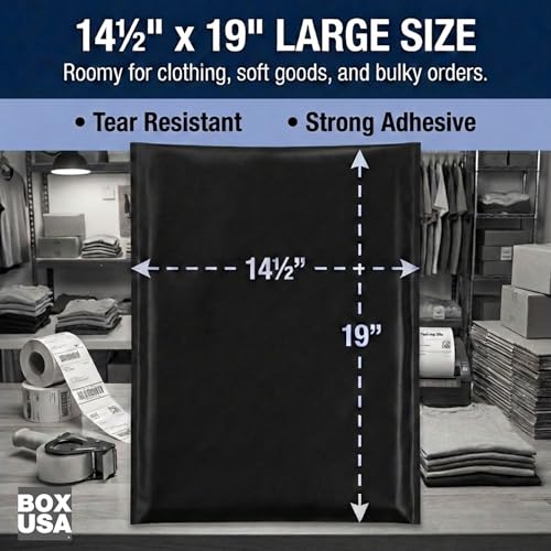 Image of BOX USA Shipping Bags 14 x 19 (100-Pack) Black - Large Heavy Duty Self-Adhesive Envelope Poly Mailers for Packing