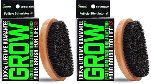 GROW Beard Brush &amp; 360 Wave Brush for Men - Natural Boar Bristle For Fuller, Thicker Hair, Beard &amp; Mustache - Premium Full-Size to Exfoliate, Strengthen Hair, Stimulate &amp; Boost Growth (Pack of 2)