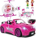 RBN Toy Food Truck / Camper for Dolls Pink Doll Vehicle Playset for Girls with Helicopter Lights and Sounds 2 Figurines, Dining Table Doll Set - Doll Accessories Set Great Gift for Girls