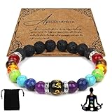 Teouuas Bracciale Chakra, Pietre Naturali con Perle Lavica, Bracciale Yoga Reiki Elastico con Borsa Portagioie, Carta con Significato, Resistente per Uomini e Donne, Equilibrio e Guarigione