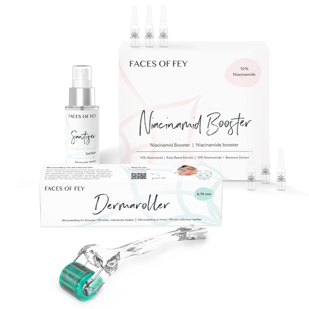 FACES OF FEY Derma roller 0,75 mm, prawdziwe igły, serum niacynamidowe i dezynfekujące – czysta skóra i pryszcze w domu