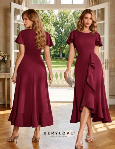 Image of BeryLove Women Formal Party Dress Flutter Short Sleeve Wedding Cocktail Long Evening Dress