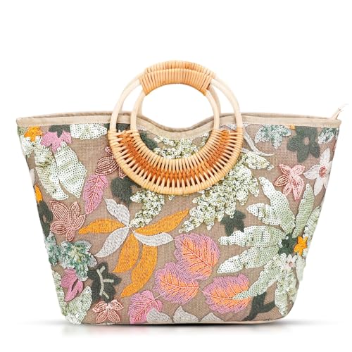 Bolso Tote de mujer con asa de bambú y bordado miniatura 1