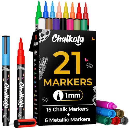 Chalkola Extra Fine Tip Chalk Markers for Blackboard & Glass (Pack of 21 1mm Tip) | Washable Liquid Chalk Pens for Dry Erase Board Car Windows Acrylic Calendar | Thin Chalkboard Markers Erasable